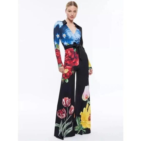Alice + Olivia Melinda Floral Print Long Sleeve Jumpsuit Wide Leg Black 8 - Picture 1 of 16
